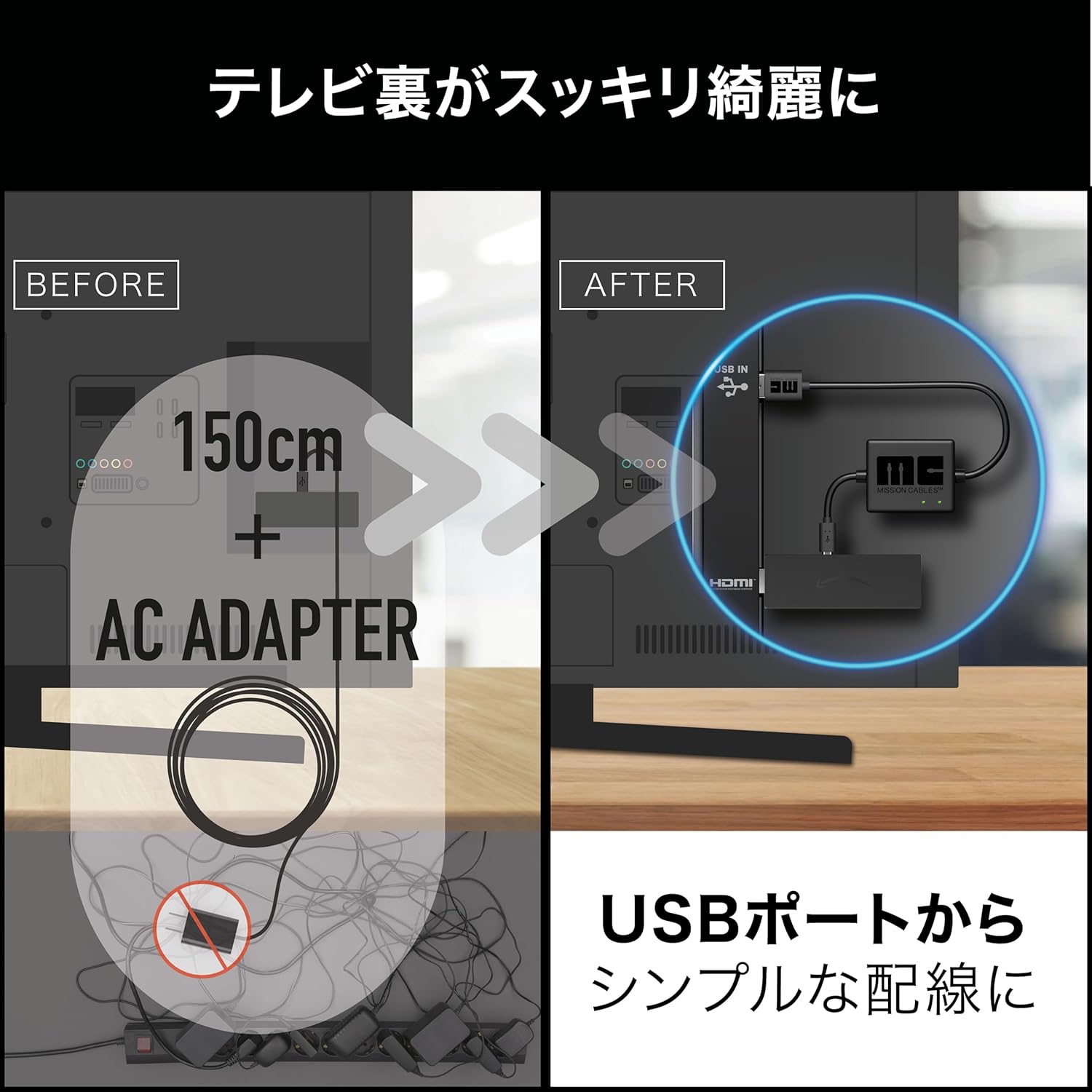 壁掛けテレビ用 Mission cables TVマウントアクセサリー USB電源ケーブル（黒）