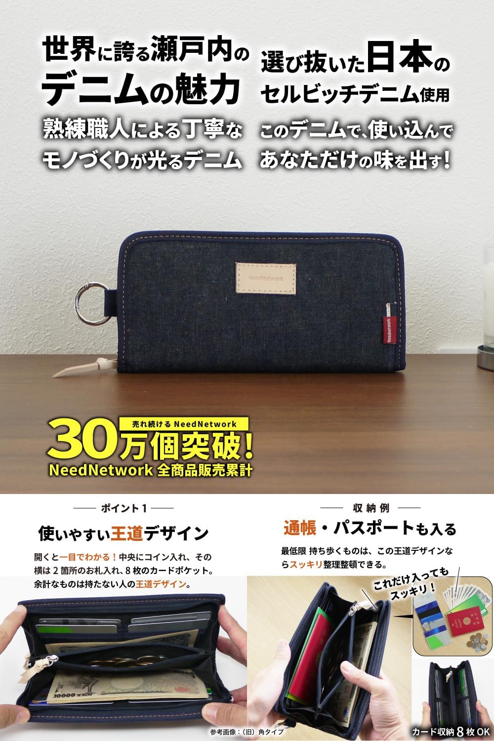 デニム製ラウンドファスナー長財布 メンズ レディース 用 大容量 アウトドア対応
