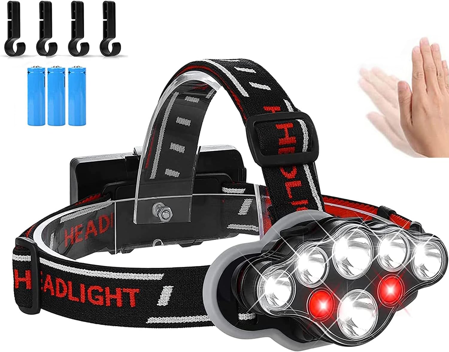 登山・アウトドア用 8LED ヘッドライト 軍用タイプ C充電式 防水・明るさ調節可能 ルーメン・手振りセンサー機能付き 9000mAh大容量バッテリー