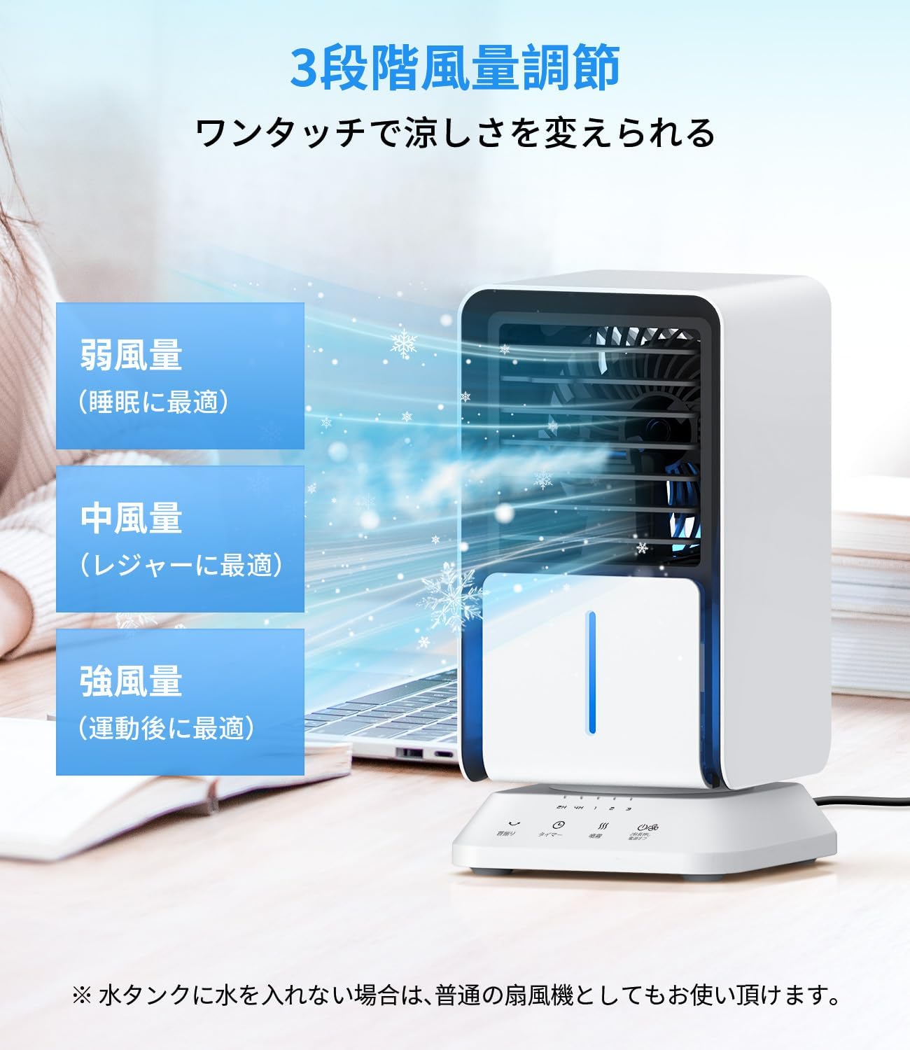 熱中症対策 卓上冷風機 4in1機能搭載 自動首振り・タイマー・冷却・加湿 ホワイト
