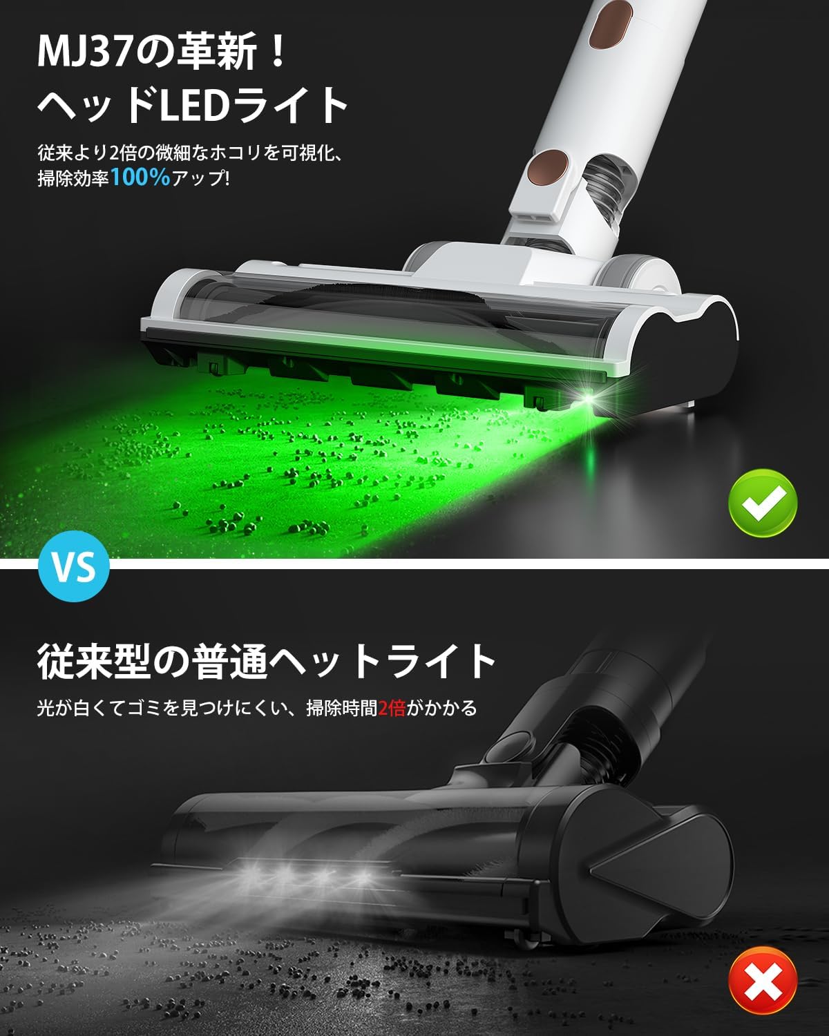 コードレス掃除機 自立式 グリーンLEDライト搭載 強力吸引50,000Pa 軽量 60分連続稼働 HEPAフィルター 家庭用 2年保証