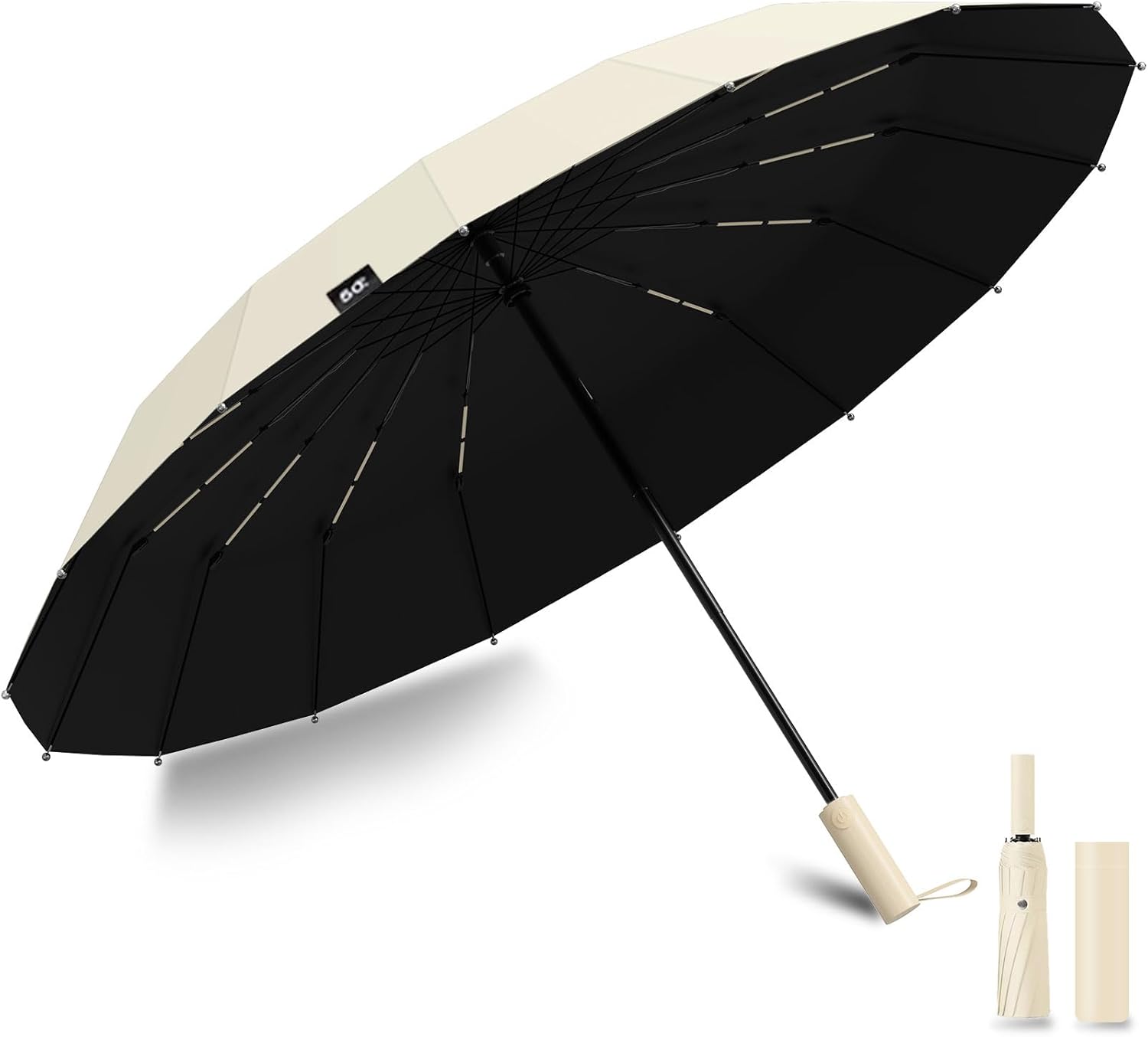 強風対応の頑丈な16本骨折りたたみ傘 メンズ大型自動開閉 UVカット・超撥水 収納カバー付き カーキ