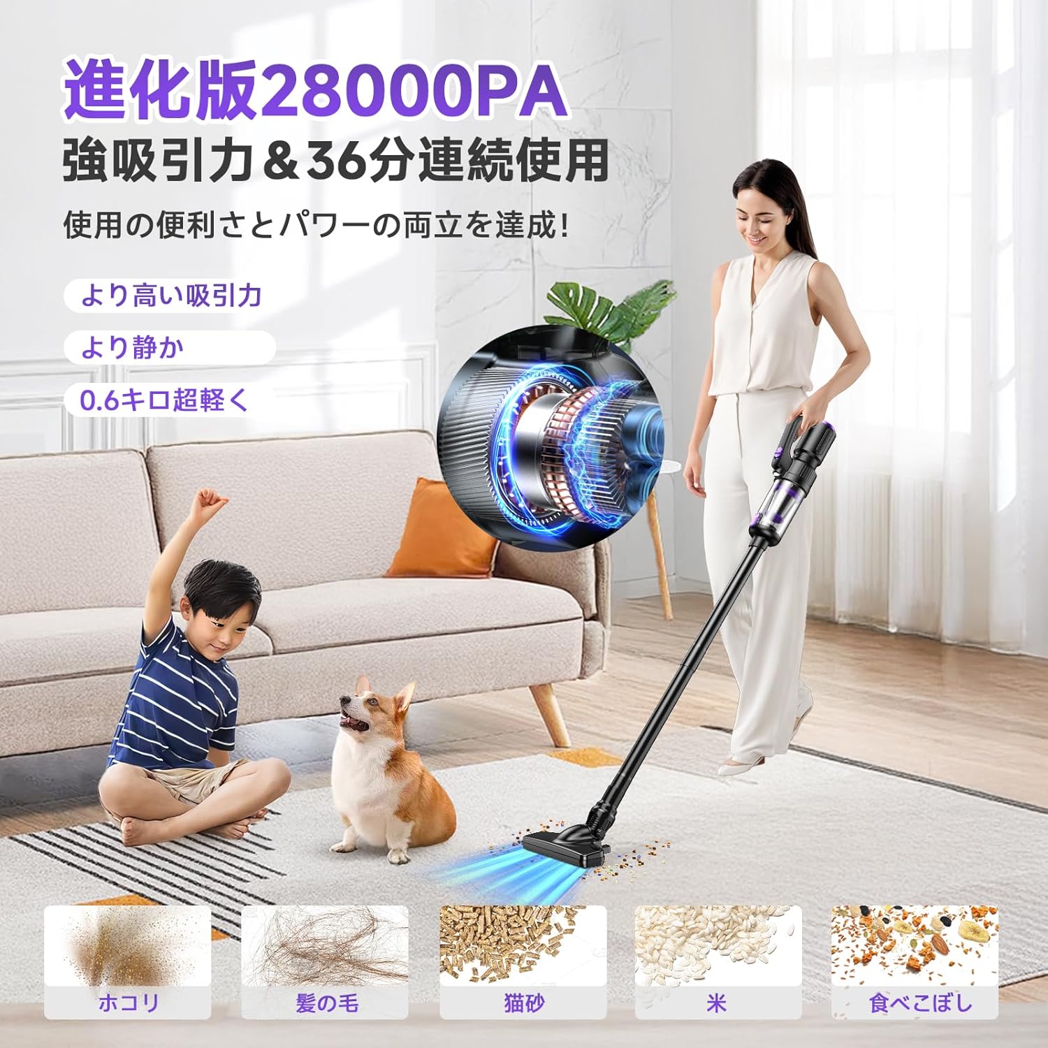 母の日・父の日ギフト コードレス掃除機 28000Pa超強力吸引 36分連続稼働 0.6kg 6WAY LEDライト付 ハンディースティッククリーナー