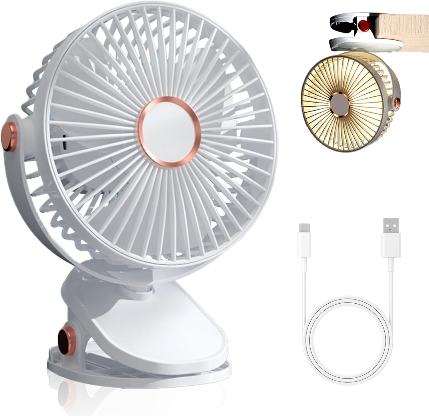 【熱中症対策】極静音USB充電式クリップ卓上扇風機 5段階風量調節 LEDライト付き