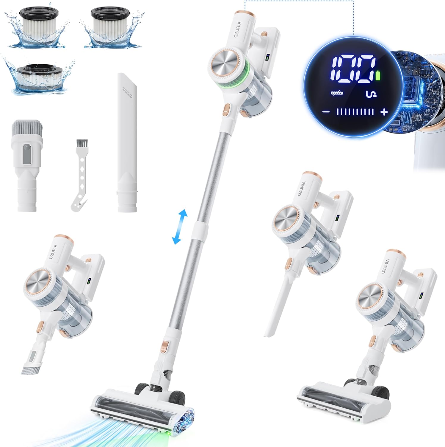 コードレス掃除機 OZURIA 軽量サイクロン式 45000Pa 2WAY 自立式 着脱式バッテリー LEDライト 50分間連続稼働