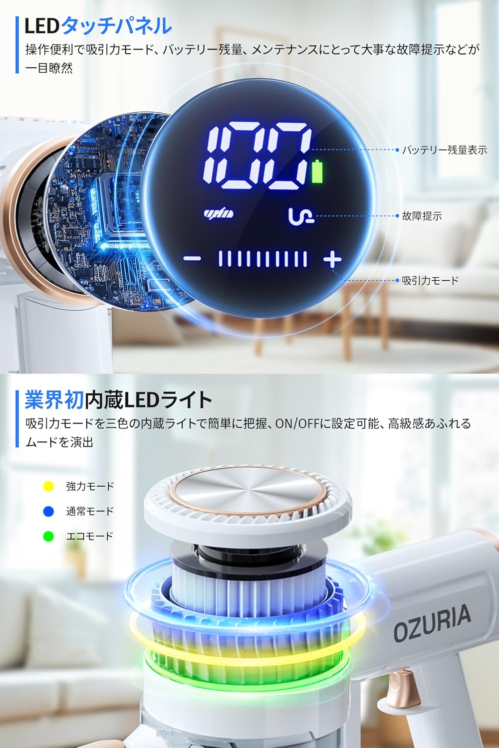 コードレス掃除機 OZURIA 軽量サイクロン式 45000Pa 2WAY 自立式 着脱式バッテリー LEDライト 50分間連続稼働