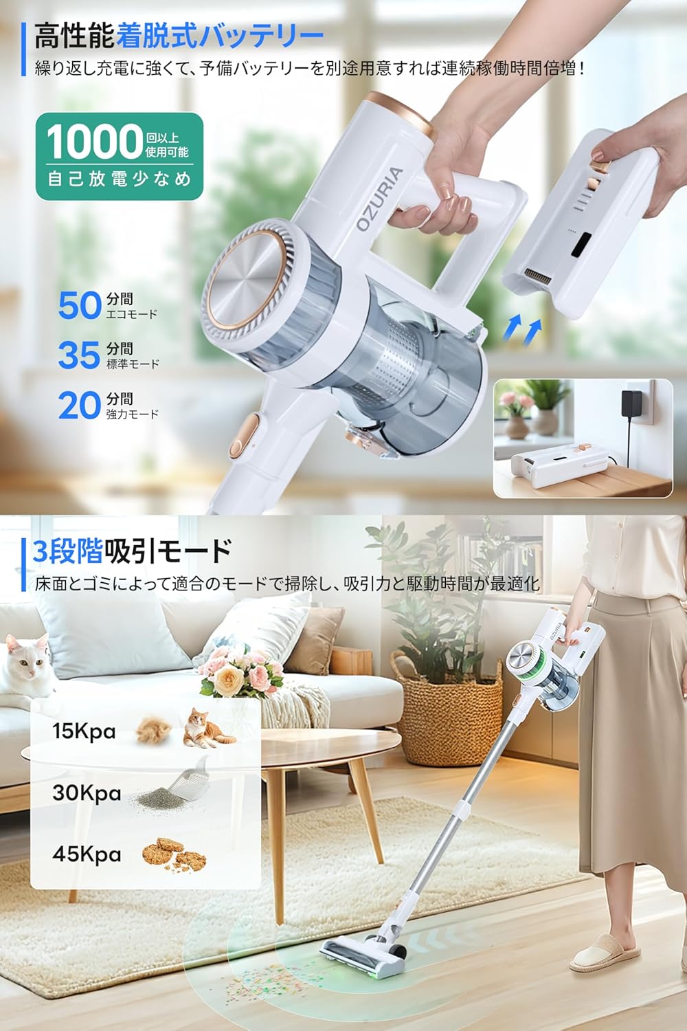 コードレス掃除機 OZURIA 軽量サイクロン式 45000Pa 2WAY 自立式 着脱式バッテリー LEDライト 50分間連続稼働