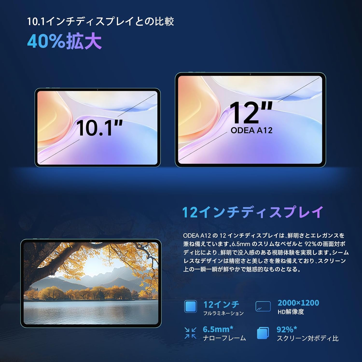 【Android 15 タブレット 12インチ 2K IPS大画面 2000x1200解像度】