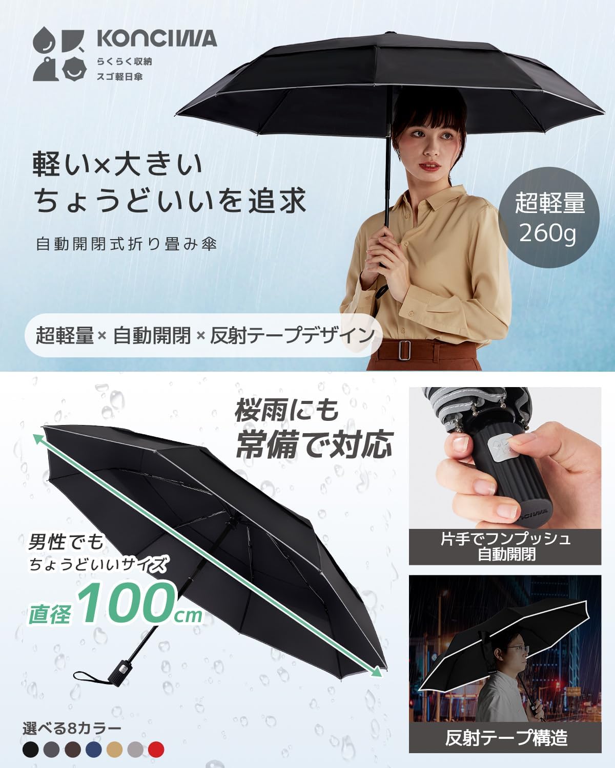 軽量260g 自動開閉折りたたみ傘 8本骨 メンズ・レディース兼用 撥水速乾・耐強風