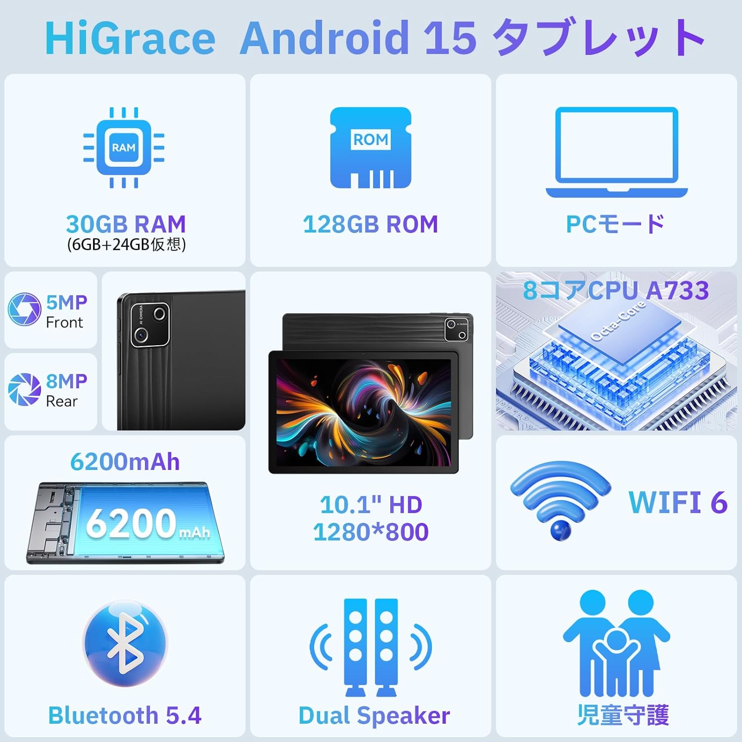 10インチ HiGrace タブレット - Android 15, 128GB, 1TB TF拡張, 8コアCPU, IPS画面, Wi-Fiモデル, 日本語説明書