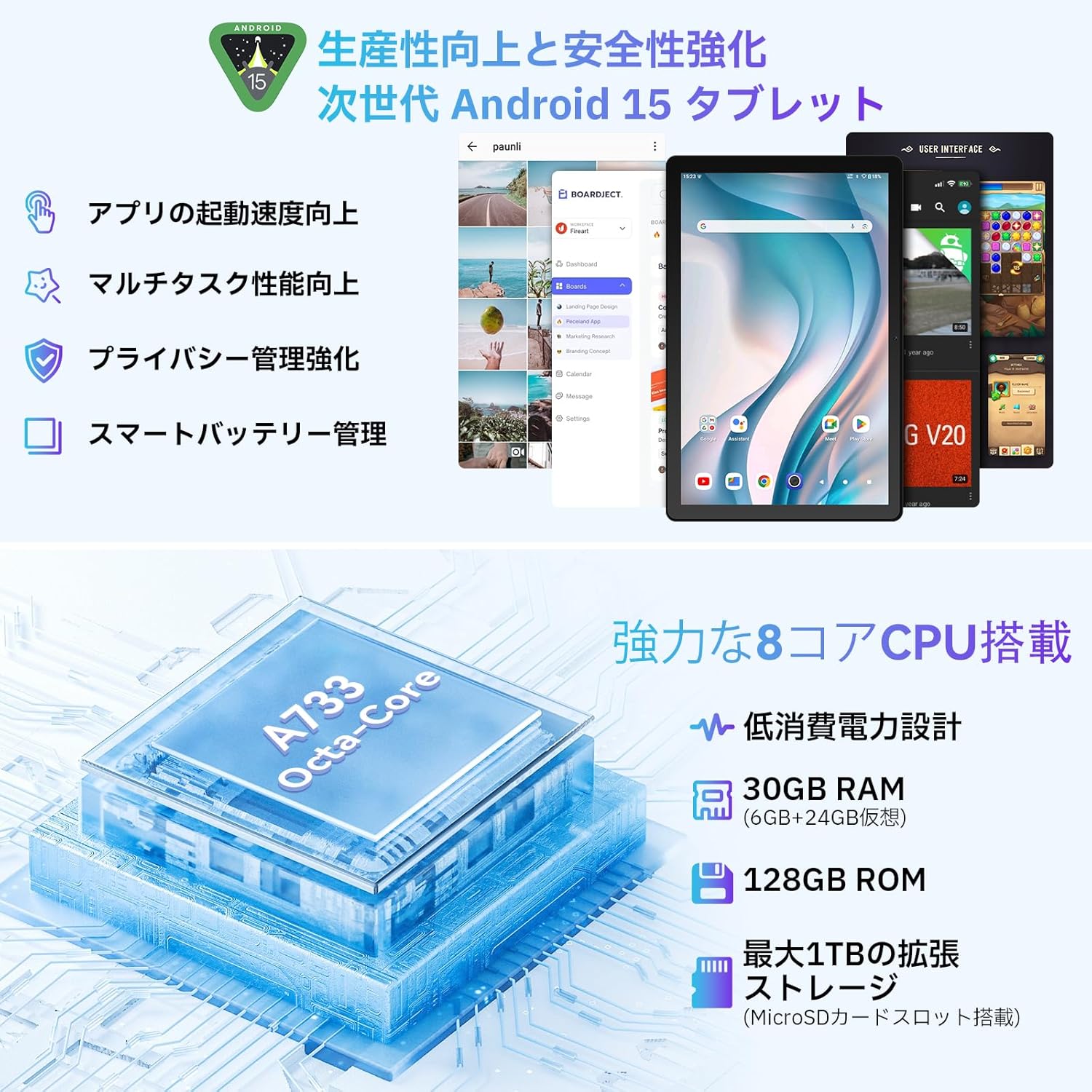 10インチ HiGrace タブレット - Android 15, 128GB, 1TB TF拡張, 8コアCPU, IPS画面, Wi-Fiモデル, 日本語説明書