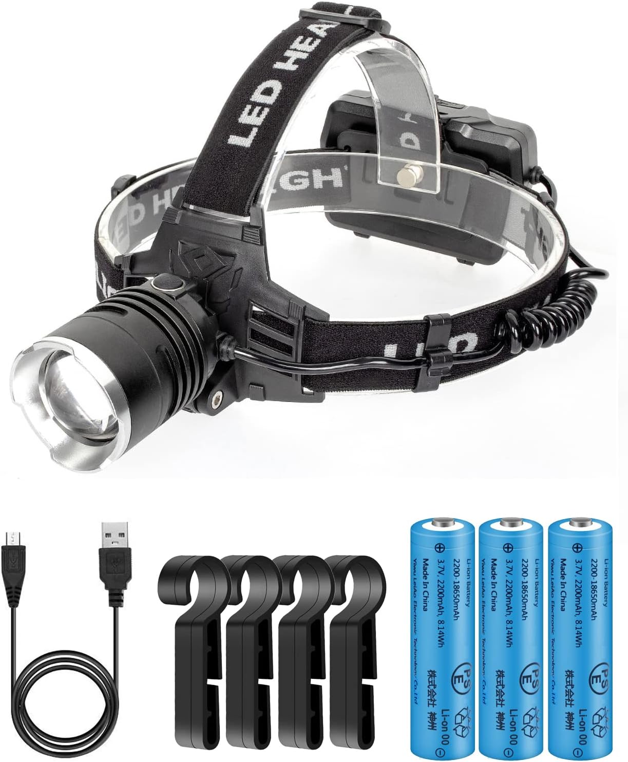 USB充電式LEDヘッドライト CREE XHP199 1000000ルーメン 角度調節・ズーム機能付き 防水・軽量 夜釣り・キャンプ・登山用（18650リチウムイオン電池3本付属）