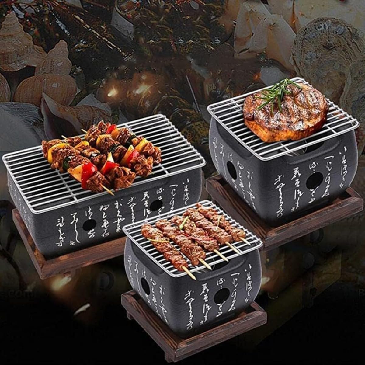 屋外キャンプ用 日本製アルミ製七輪コンロ 木製ベースのチャコールグリル XLサイズ 34.5×17×12cm