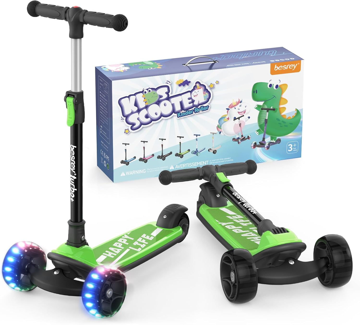 子供用三輪キックスクーター LEDタイヤ付き 誕生日プレゼント 青・緑