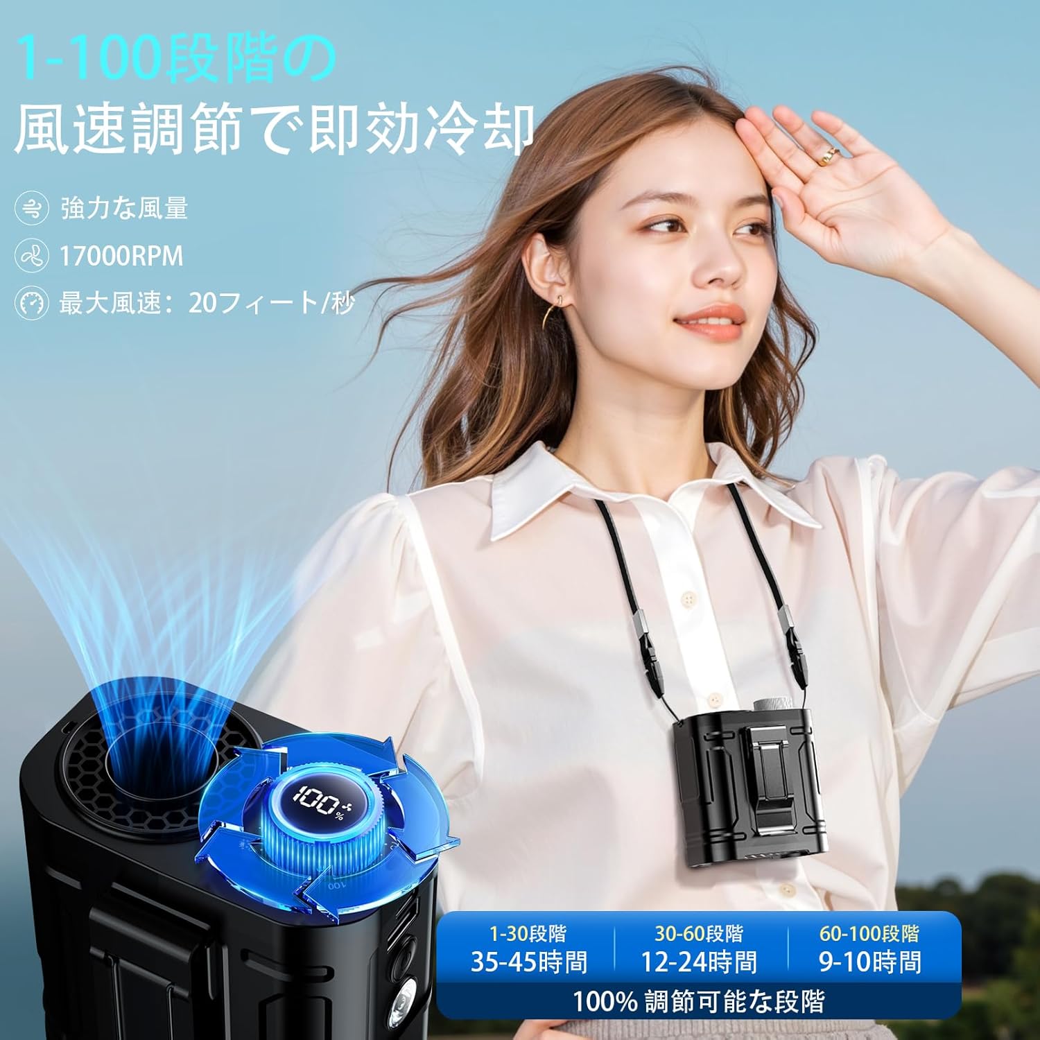 12000mAh大容量首掛け扇風機 - USB充電式・静音・急速充電・アウトドア用