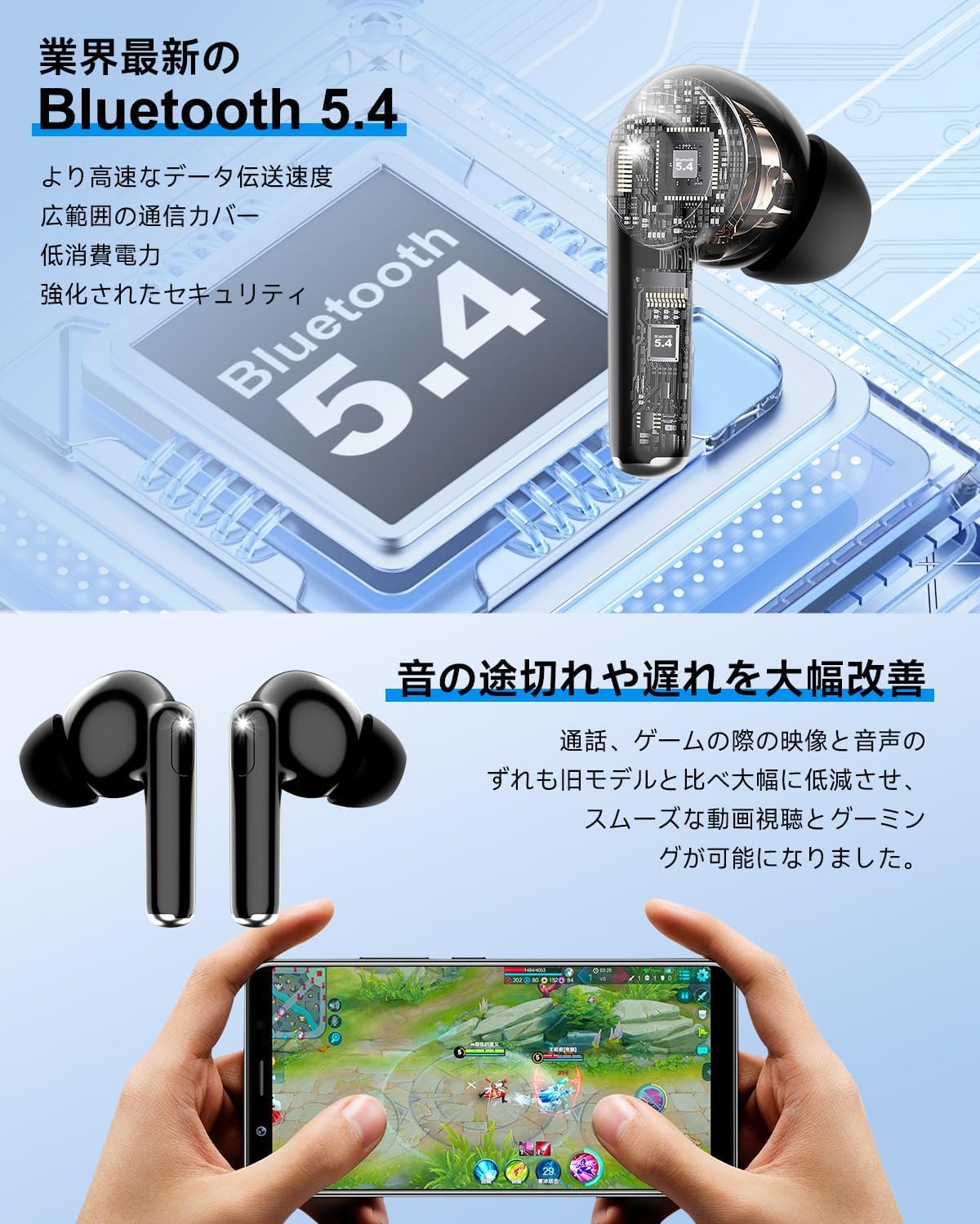 新登場 Bluetooth 5.4 ワイヤレスイヤホン V15 最大36時間再生 自動ペアリング マイク付き (ブラック)
