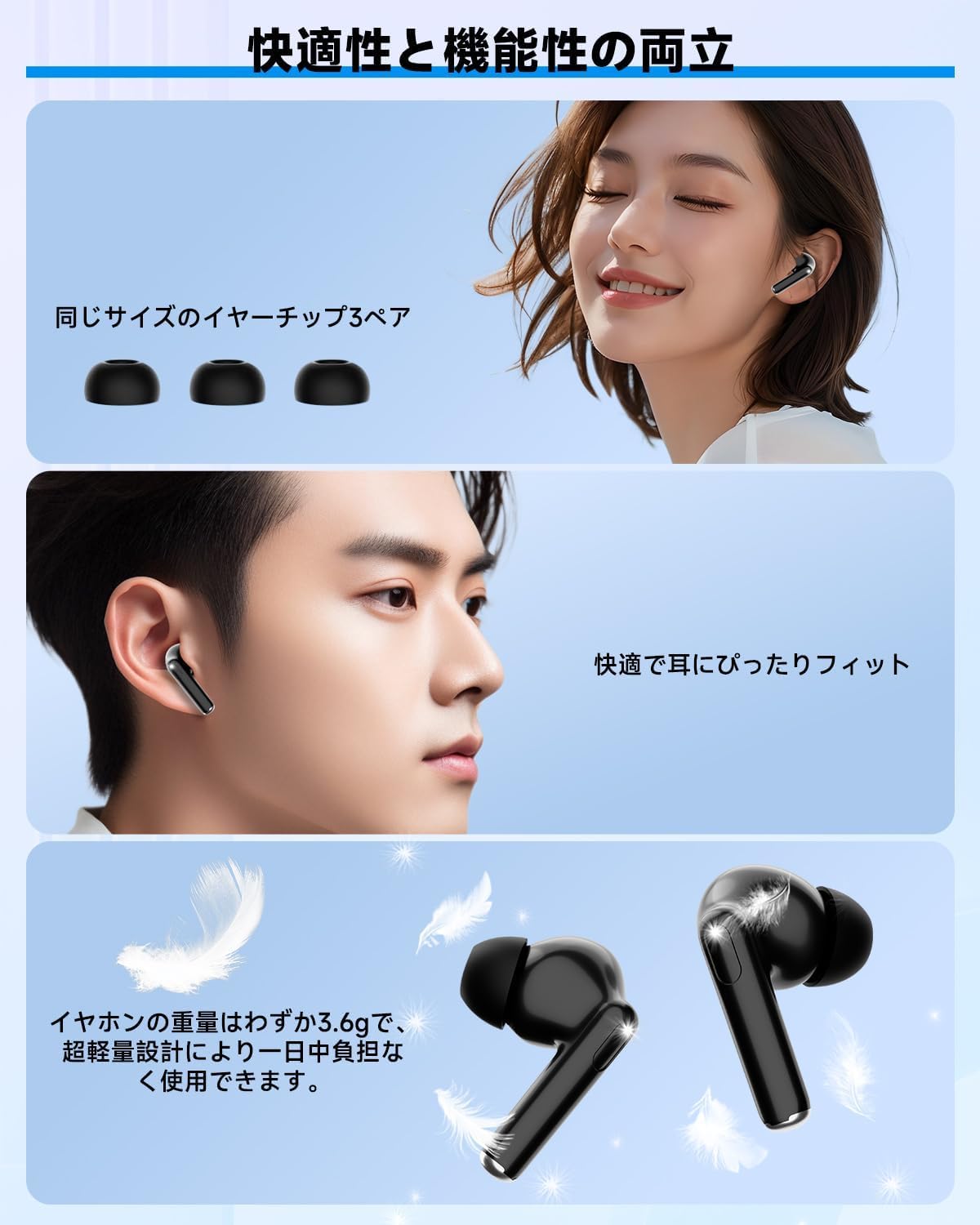 新登場 Bluetooth 5.4 ワイヤレスイヤホン V15 最大36時間再生 自動ペアリング マイク付き (ブラック)