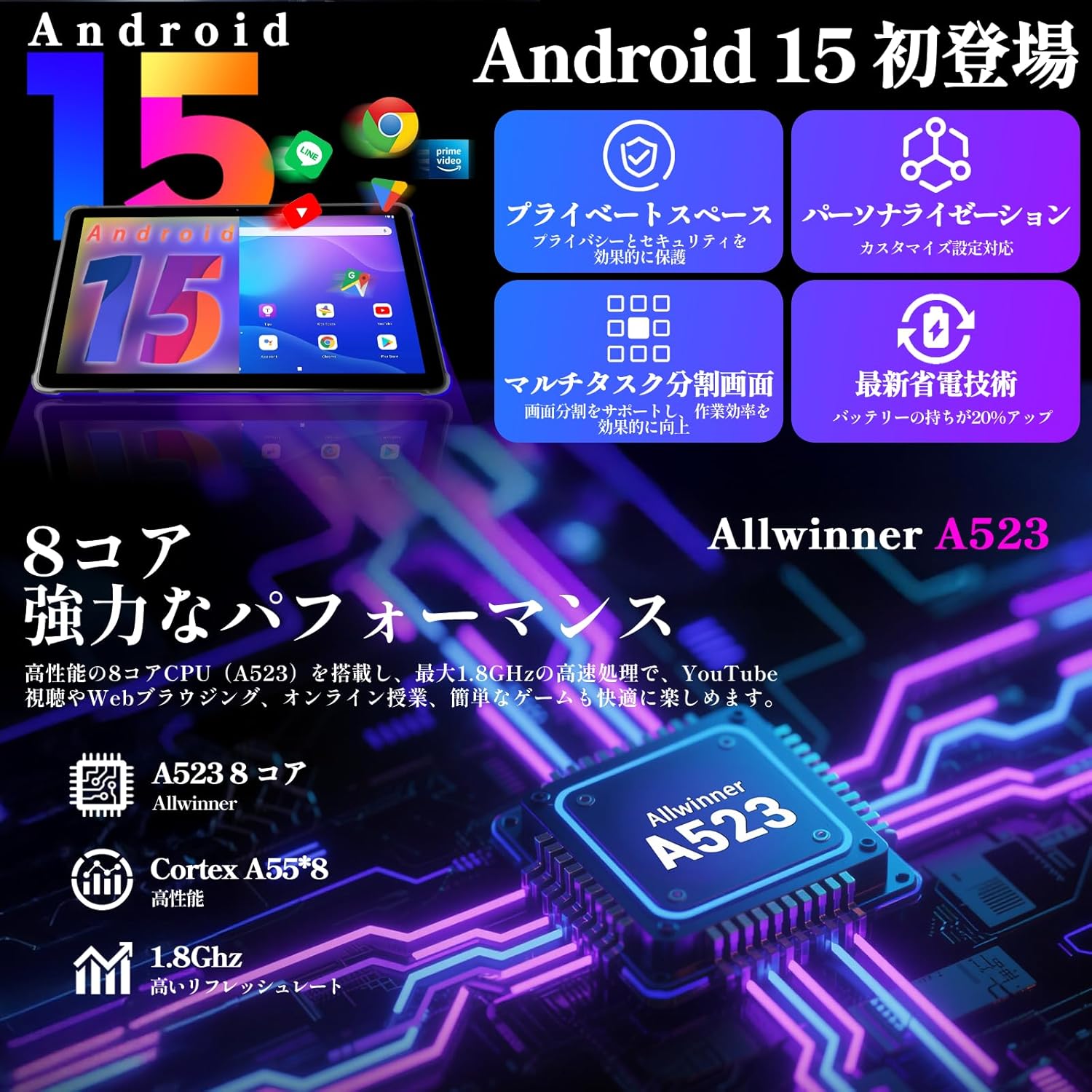 2025年新登場・10インチAndroid 15タブレット（12GB+64GB、2TB拡張可、ケース付き、IPS画面、6000mAh）