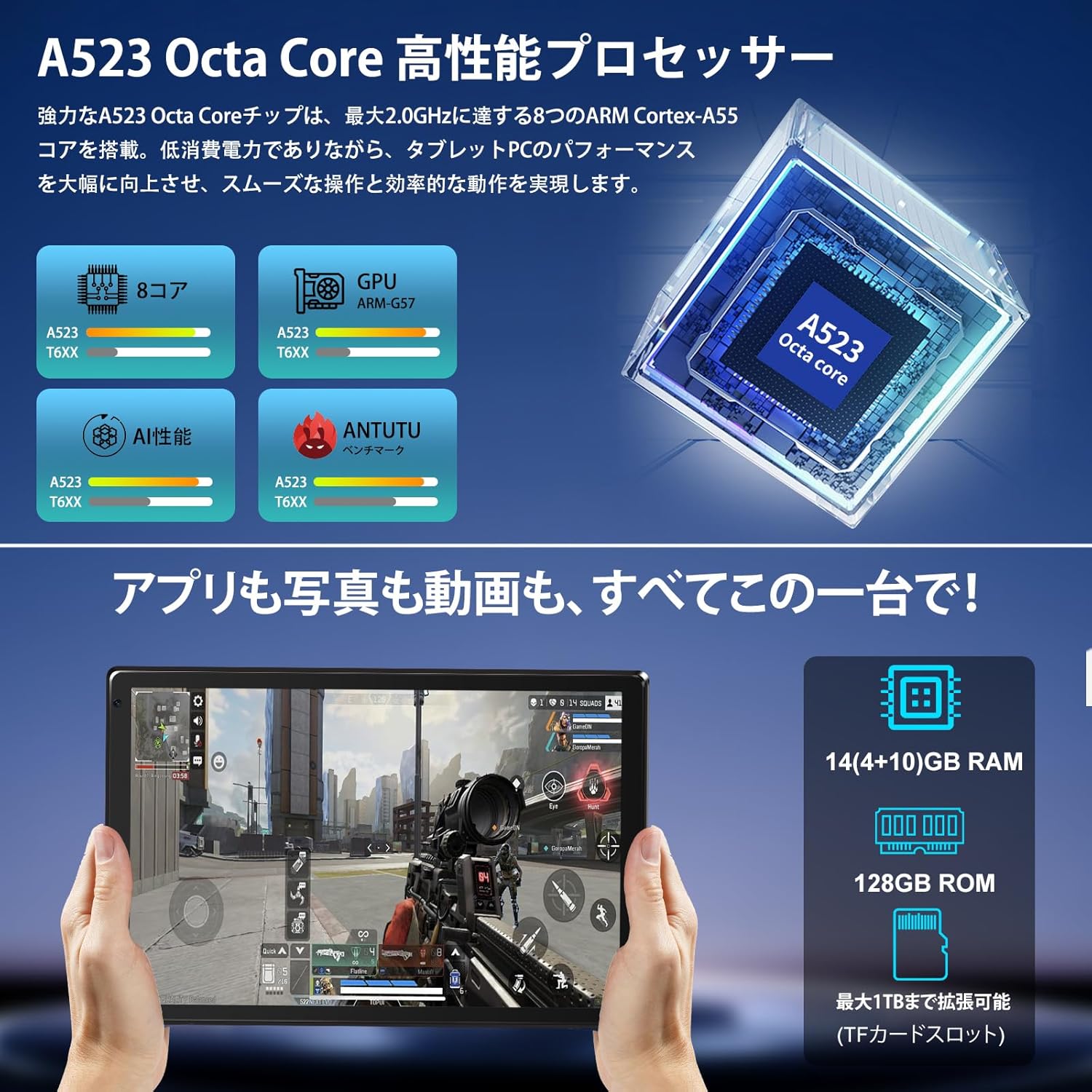 FancyDay 10インチタブレット Wi-Fi 6モデル 14GB+128GB+1TB拡張 Android 14 顔認識 5000mAhバッテリー ブラック