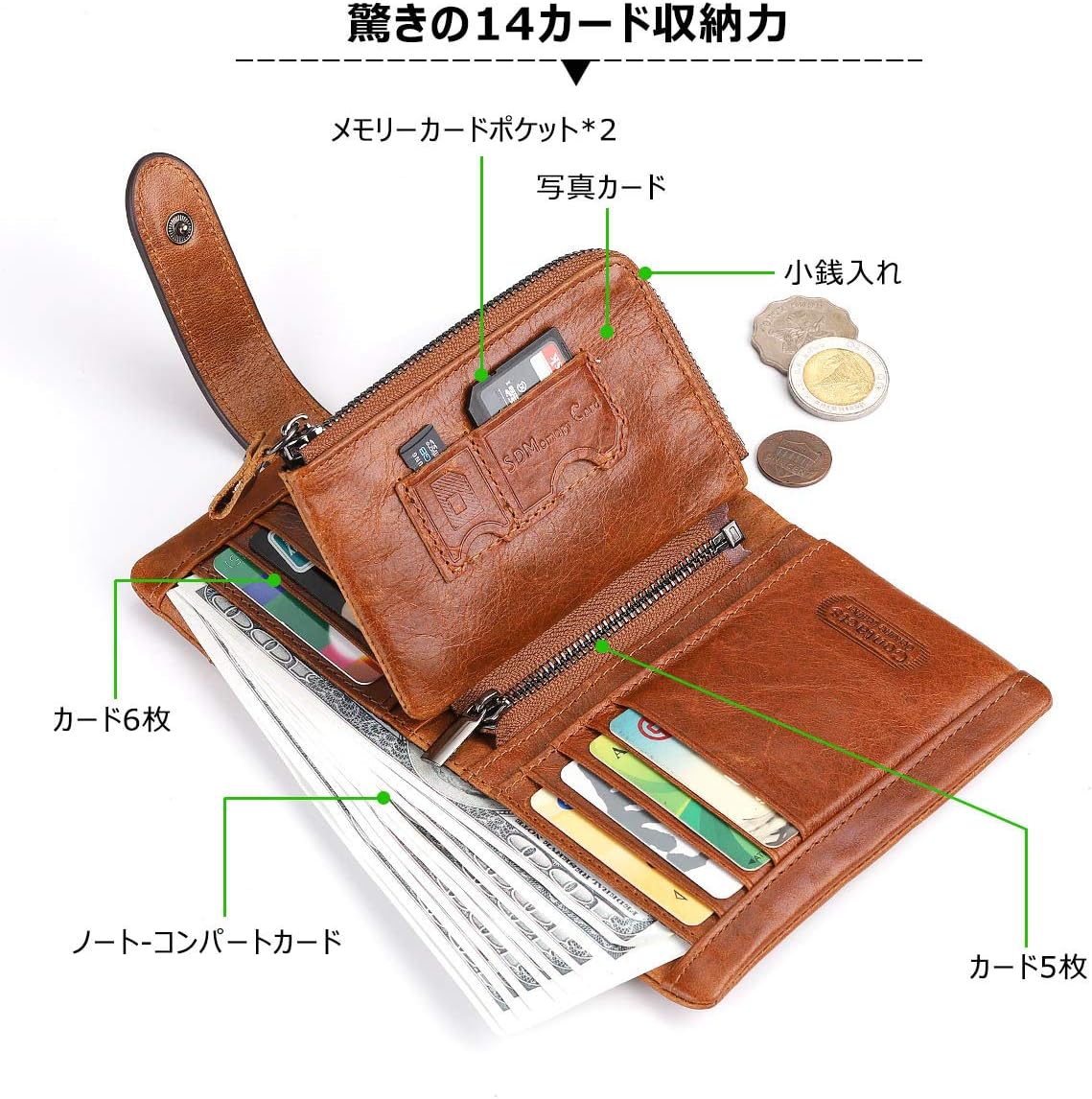 最新改良型 牛革二つ折り財布 メンズ 日本製 ラウンドファスナー ギフト包装 (ライトブラウン)