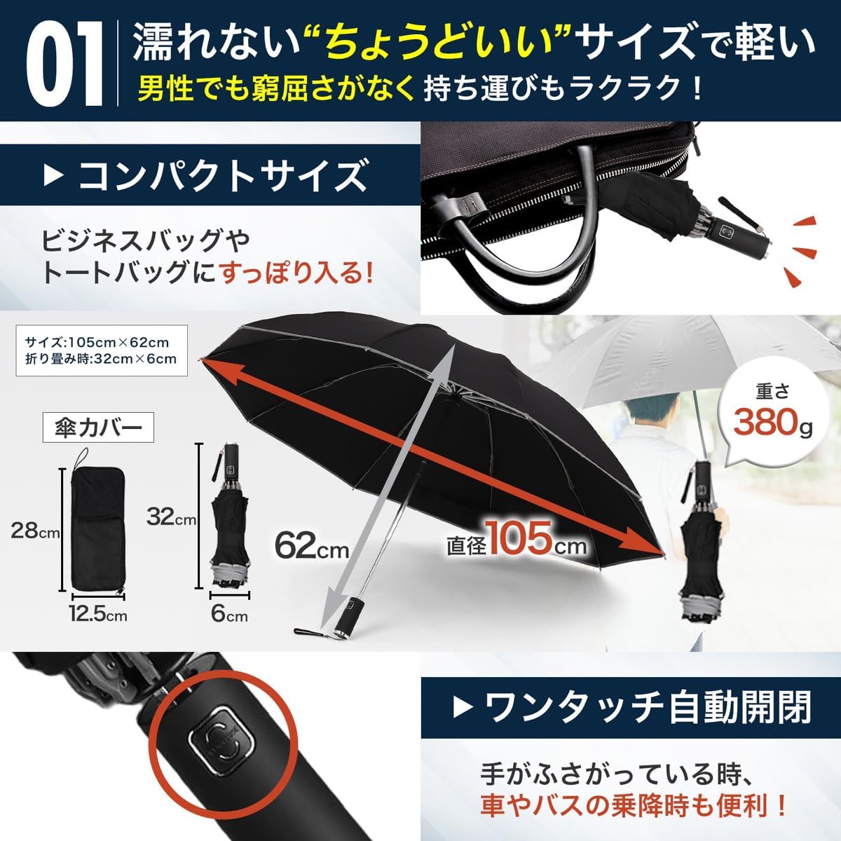 【2025最新】逆折り式大サイズ折りたたみ傘 メンズ 自動開閉 吸水傘袋付き