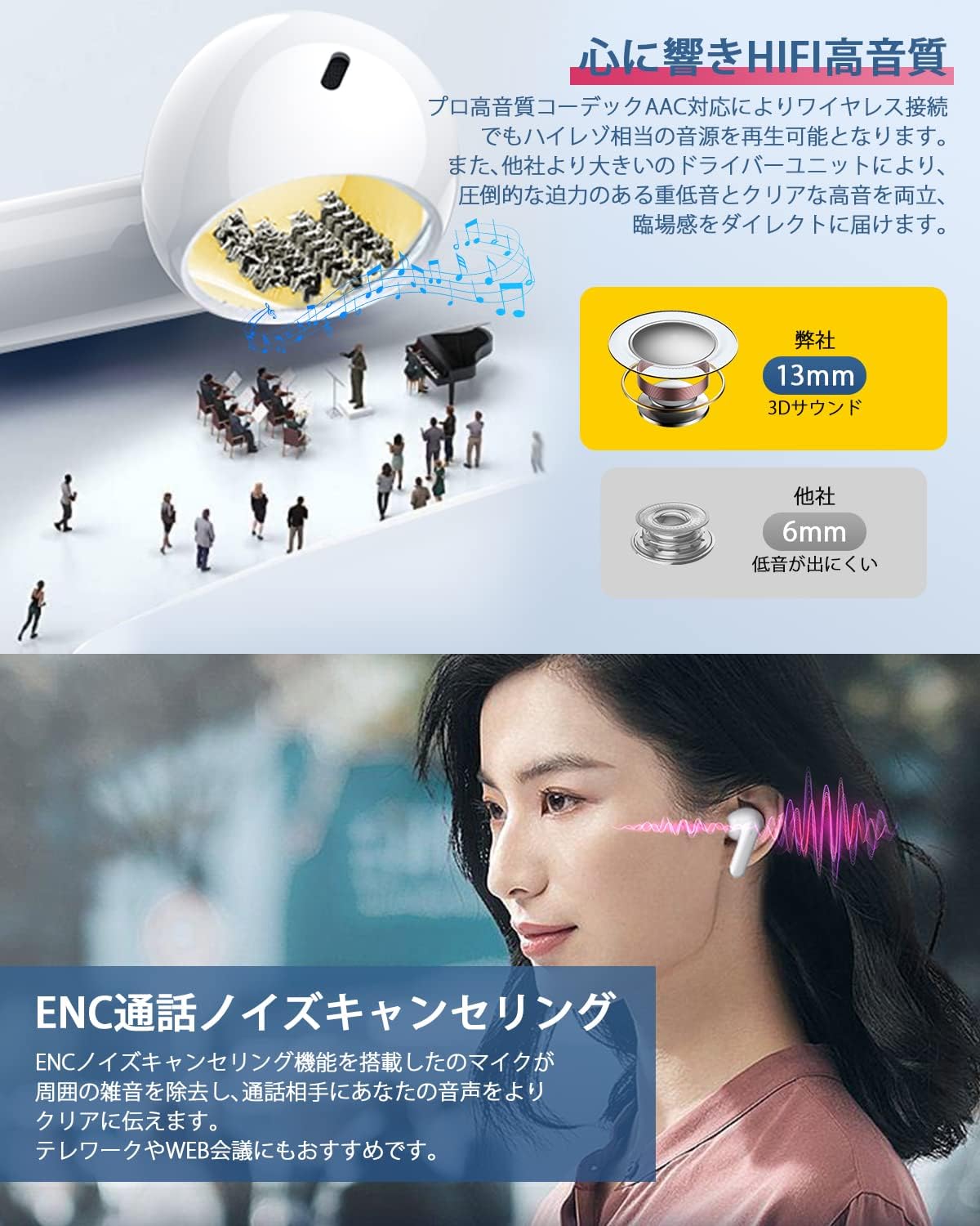 Bluetooth5.3 ワイヤレスイヤホン 【HiFi音質・ENCノイズキャンセリング】 最大60時間再生対応