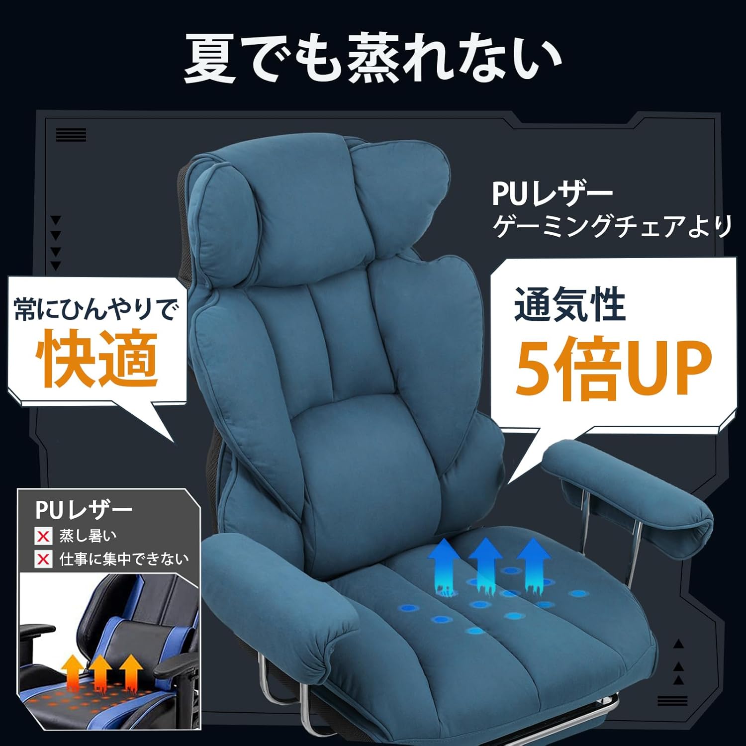 テレワーク用 GTRACING ゲーミングチェア ファブリック オットマン付き 肉厚クッション 140度リクライニング 高さ調節可能 GT200-BL