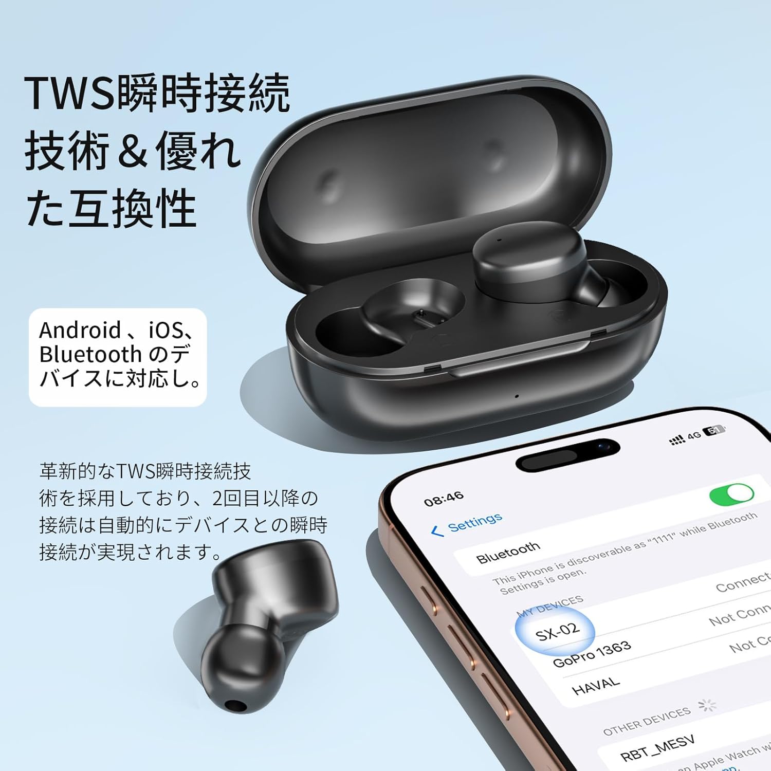 最新Bluetooth5.4搭載 ワイヤレスイヤホン 小型軽量 70時間駆動 Type-C充電 iPhone/Android対応