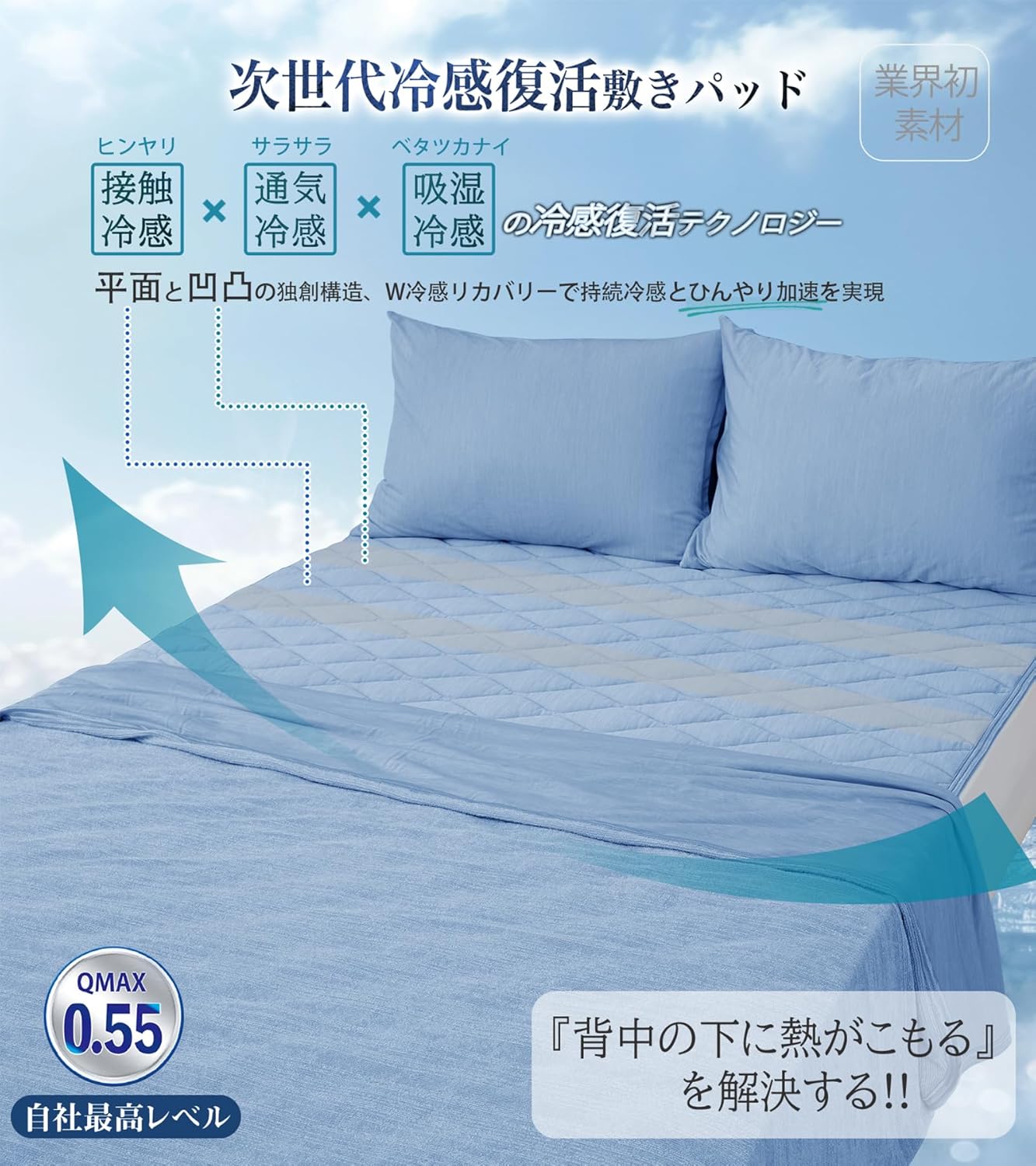 冷感敷きパッド シングルサイズ 100×205cm 【接触冷感と通気冷感】 吸湿・抗菌防臭・洗える ブルー