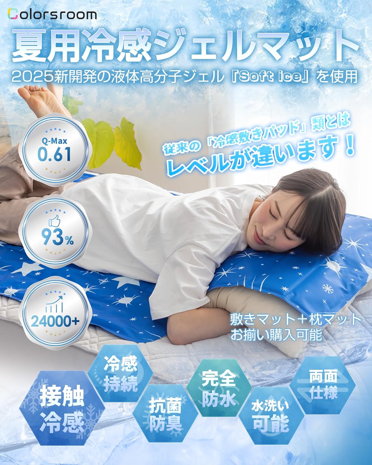 夏の冷感ジェルマット Q-max0.61 ひんやりマット シングル・ダブル用 90×140cm スターネイビー