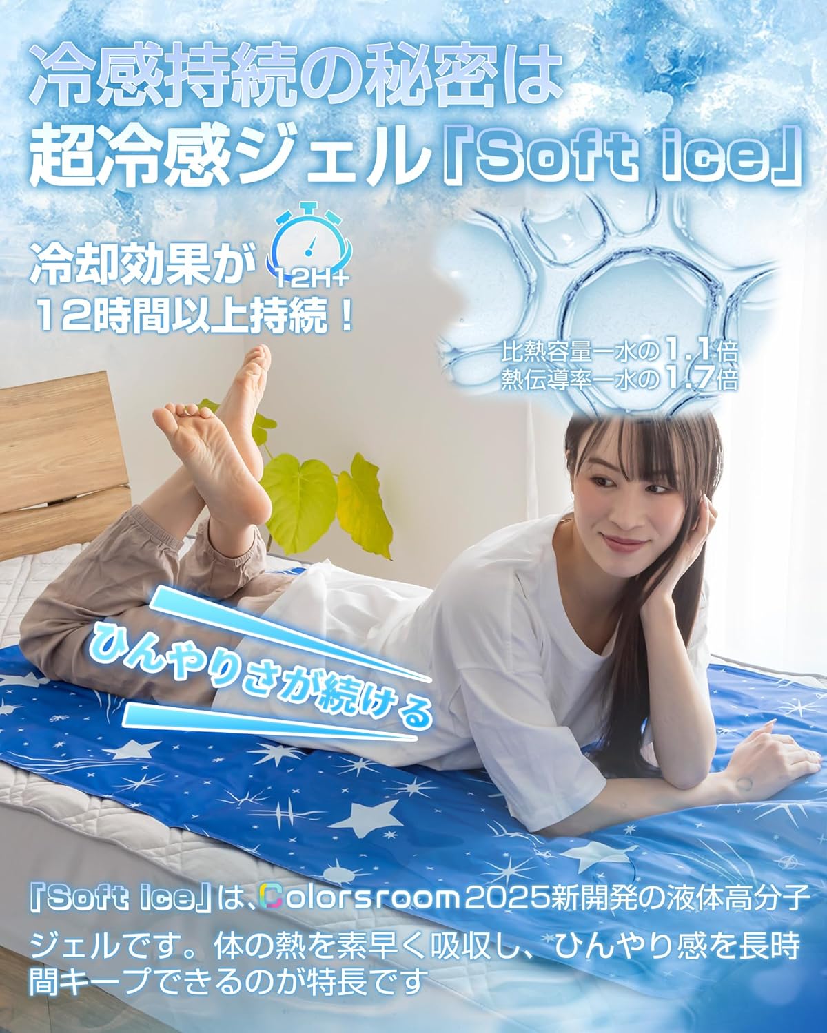 夏の冷感ジェルマット Q-max0.61 ひんやりマット シングル・ダブル用 90×140cm スターネイビー