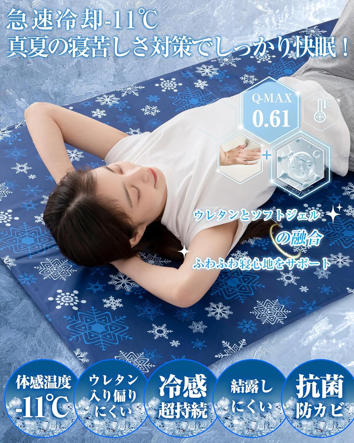 夏用冷却マット ひんやりジェルマット Q-max0.61 防菌防カビ 洗える 80×96cm スノーネイビー
