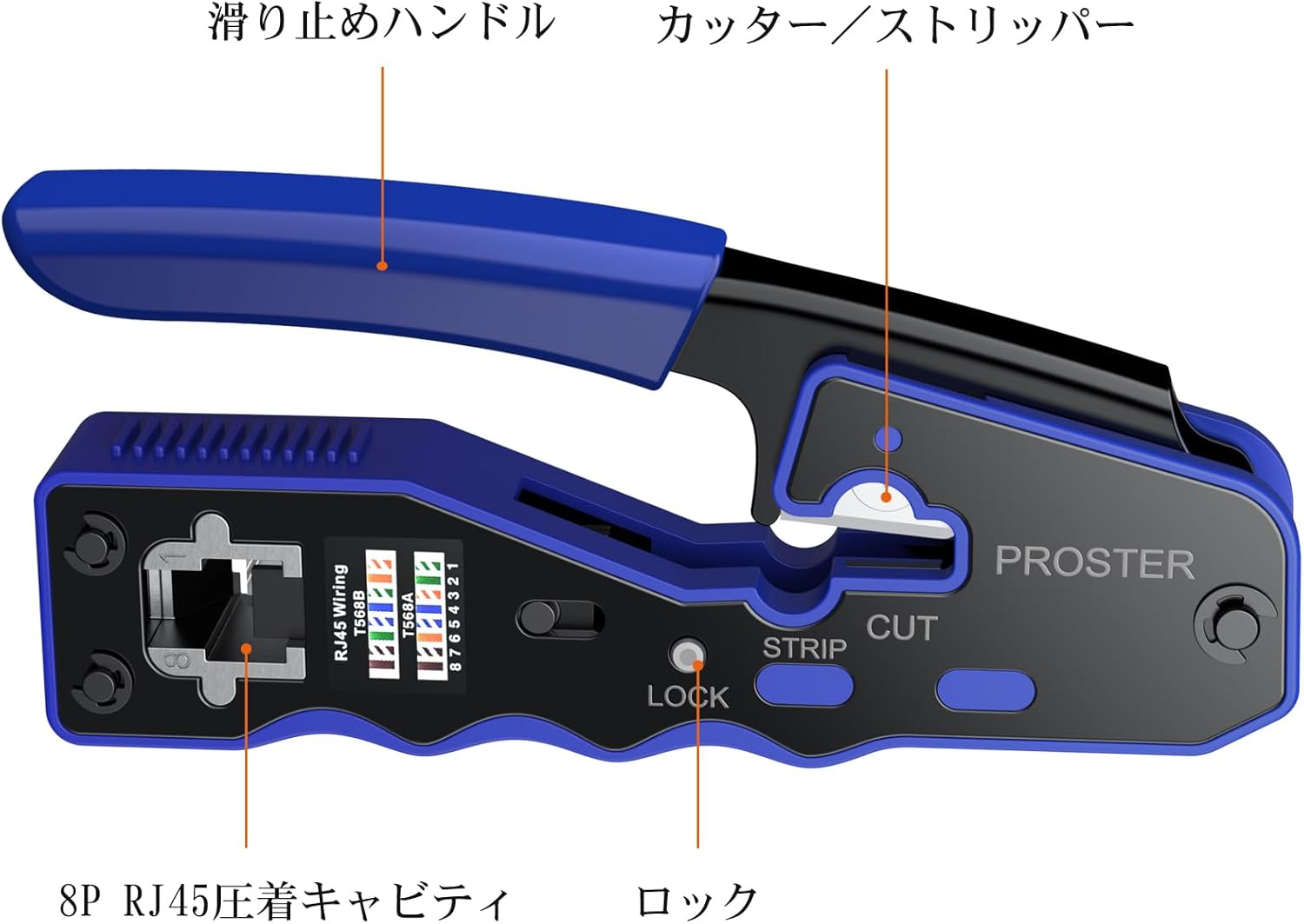 圧着ペンチ RJ45圧着工具 CAT5E/CAT6/CAT6A対応 貫通式 50個コネクタ+保護カバー付き