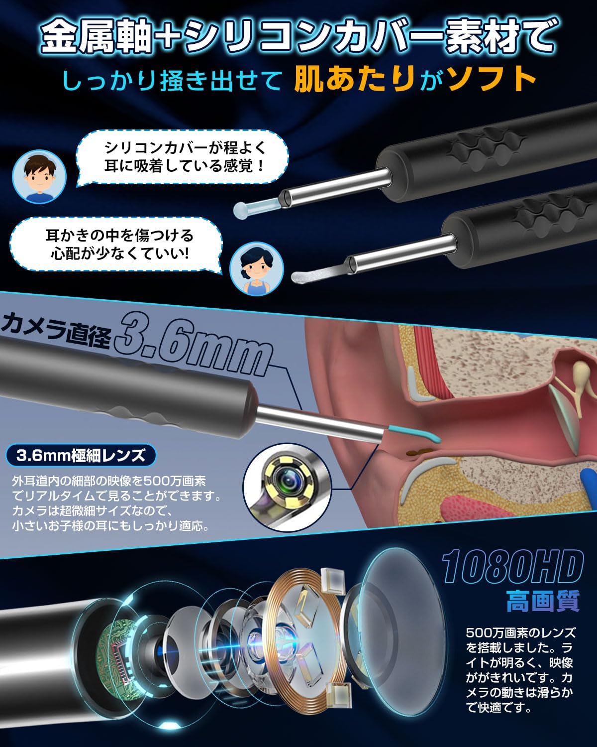 耳かきカメラ 500万画素 ワイヤレス 3.6mm極細レンズ Type-C充電 ブラック