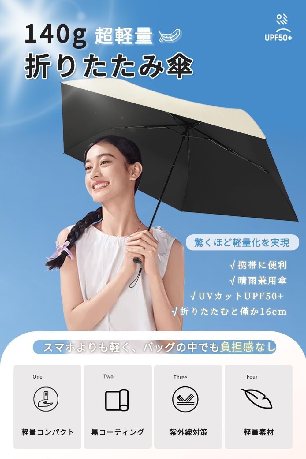 超軽量140g 折りたたみ傘 日傘 UVカット・晴雨兼用 コンパクト携帯 メンズ・レディース用