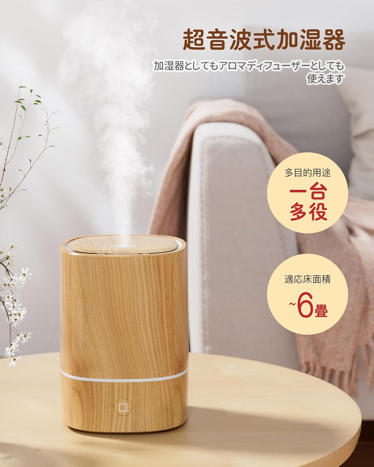 加湿器・アロマディフューザー（次亜塩素酸水対応）小型・静音・省エネ・6-9畳用【2025新モデル】