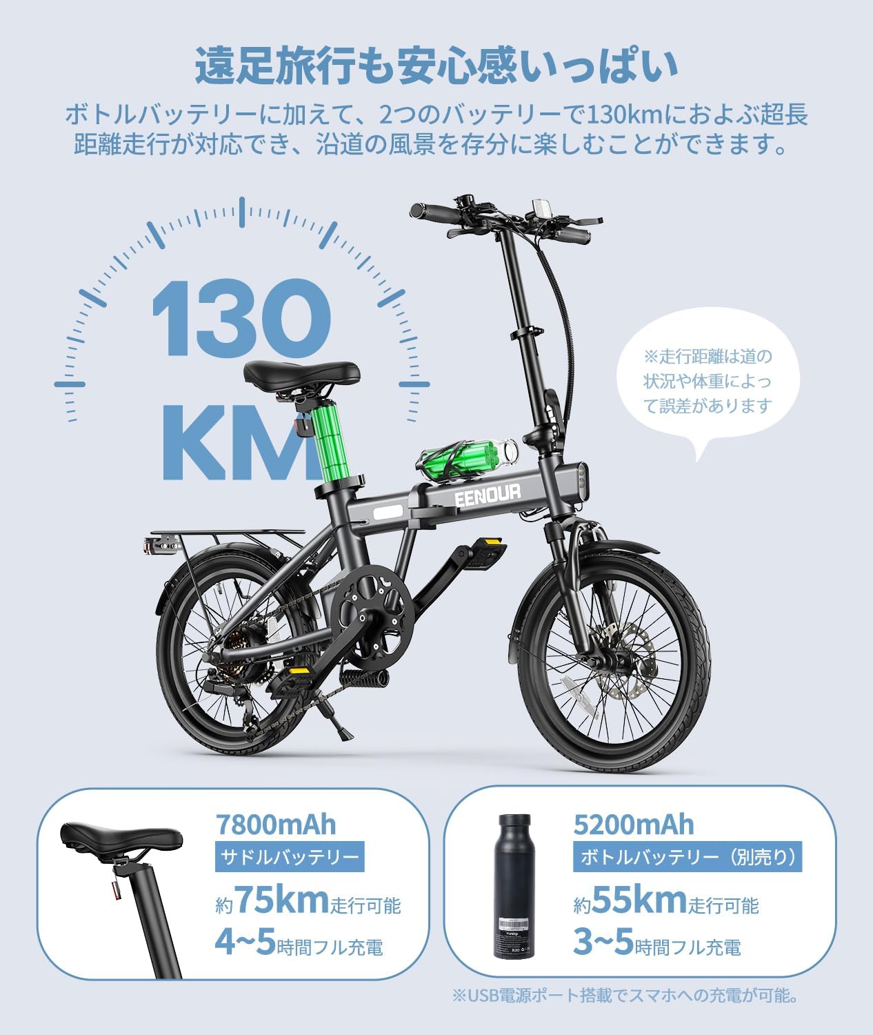 EENOUR C1 折り畳み式電動アシスト自転車 16インチ 最大130km 350Wモーター 通勤・街乗り用