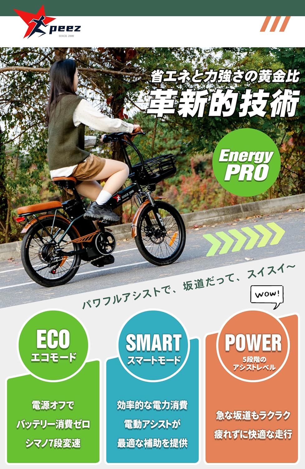 PEEZ 電動アシスト折りたたみ自転車 20インチ 最大走行距離80㎞ サスペンション・防水機能付き