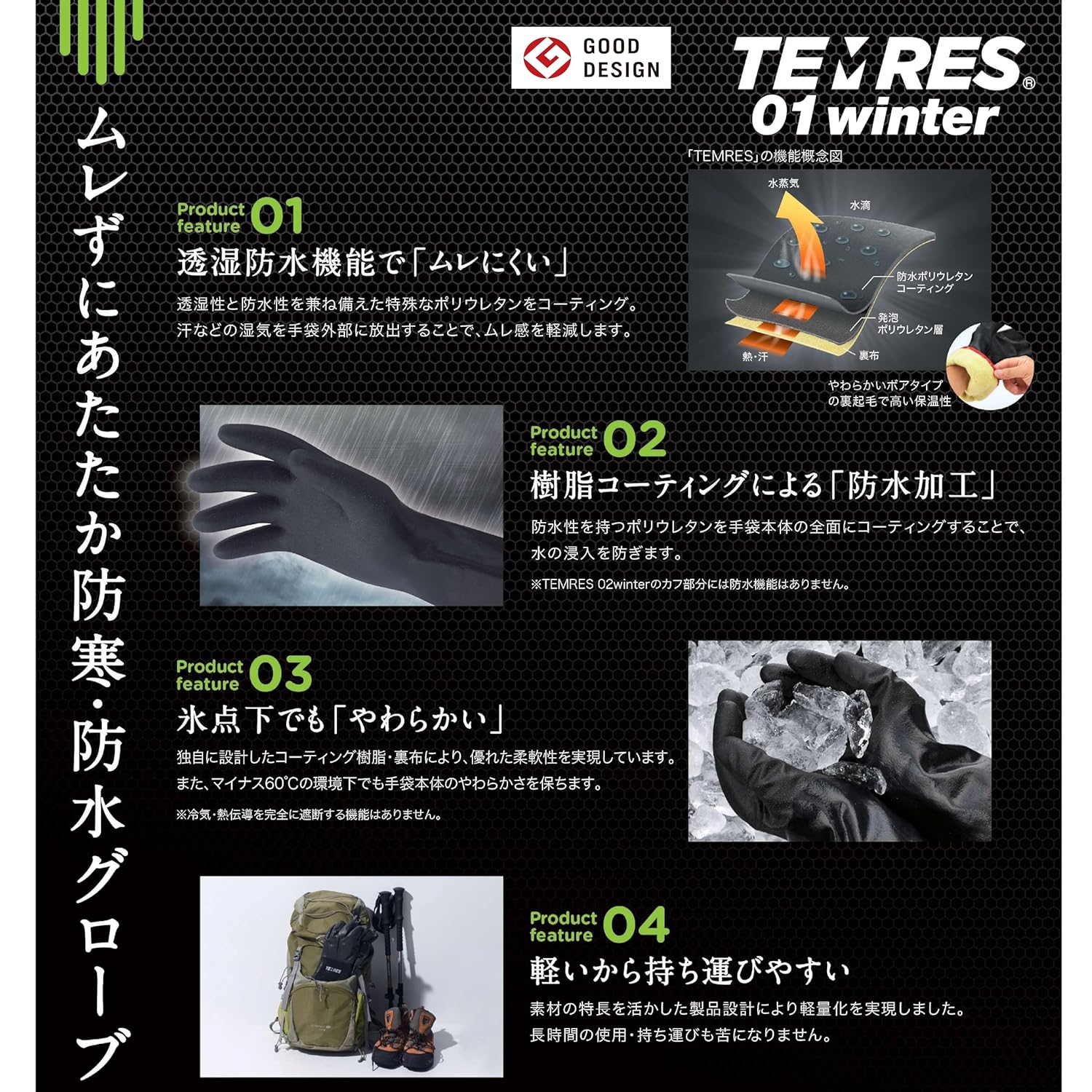 防寒手袋 TEMRES アウトドア用 透湿完全防水 ブラック LLサイズ