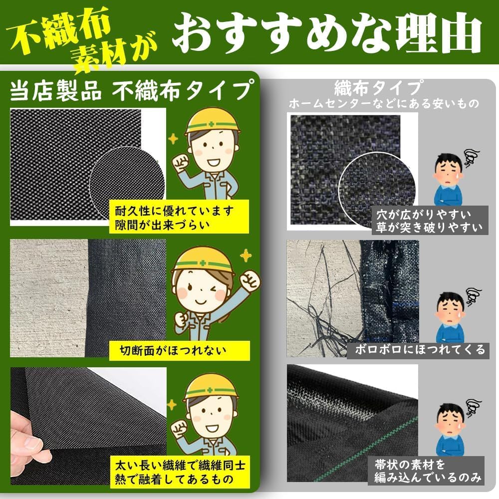 10年耐久 防草シート 2m×50m 不織布 厚手 雑草防止 工事・園芸用 固定ピン100本・黒丸100枚付き