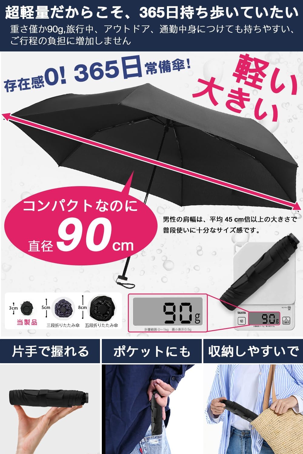 軽量カーボン折りたたみ傘 メンズ・レディース用 反射テープ付き 90g・100cm・撥水・耐強風・収納ポーチ付き