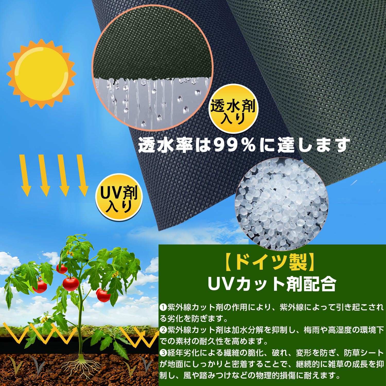 防草シート【10年耐久】2m×50m 高密度130g/㎡ UVカット剤配合 除草対策 園芸用 Uピン杭と黒丸付き