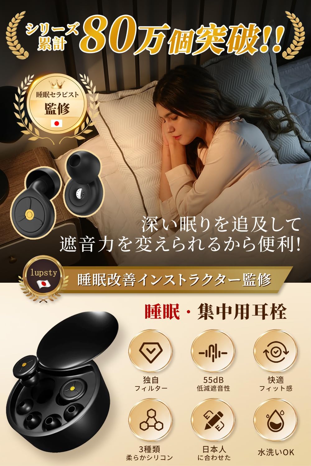 寝相対策 耳栓 完全遮音タイプ ノイズキャンセリング 水洗い可能 睡眠用イヤホン S/M/L 収納ポーチ付
