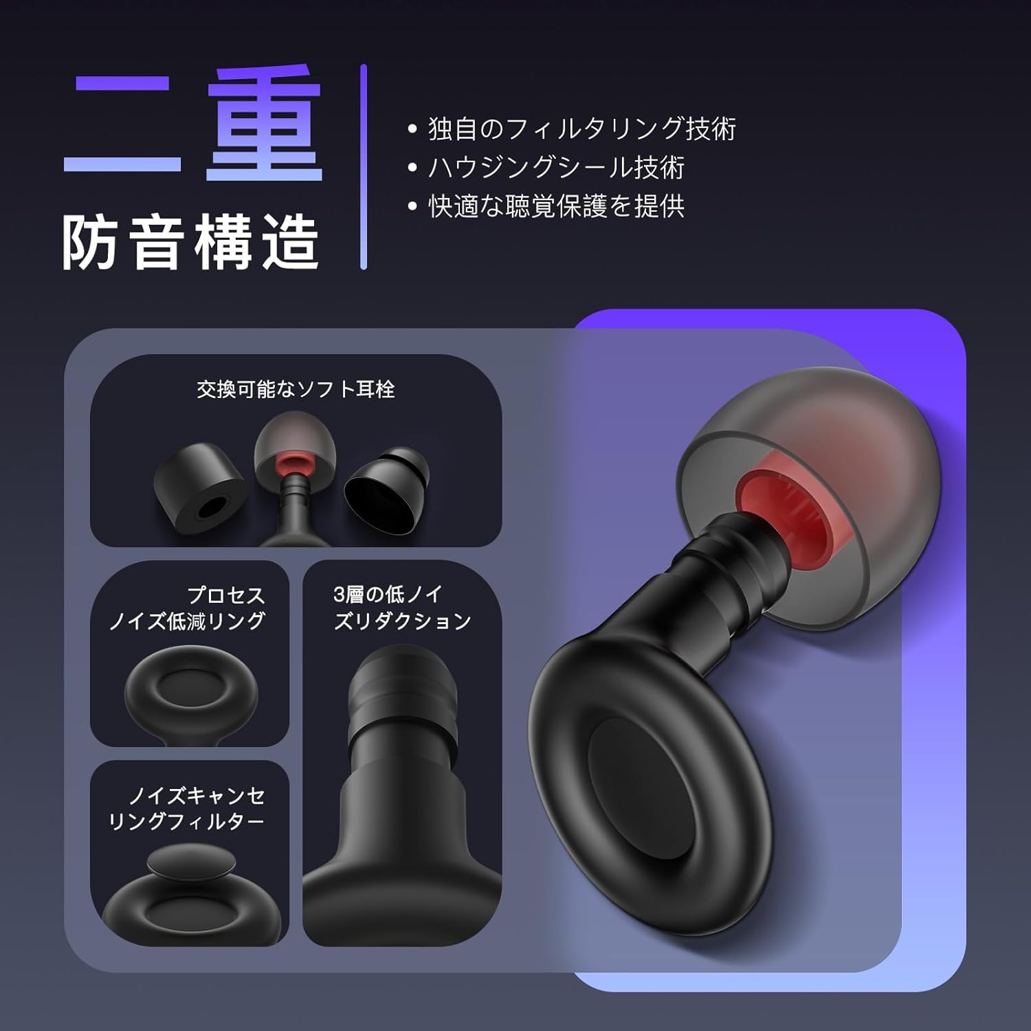 睡眠用耳栓 40dB遮音シリコン製 水洗い可能 収納ケース付き 2ペア
