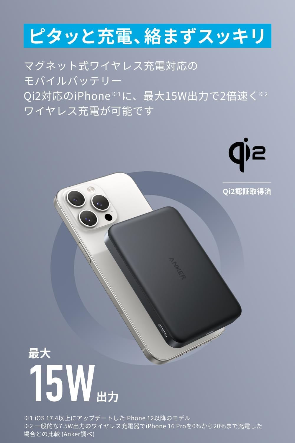 iPhone専用 10000mAhワイヤレス充電器 MagSafe対応 薄型コンパクト (ブラック)