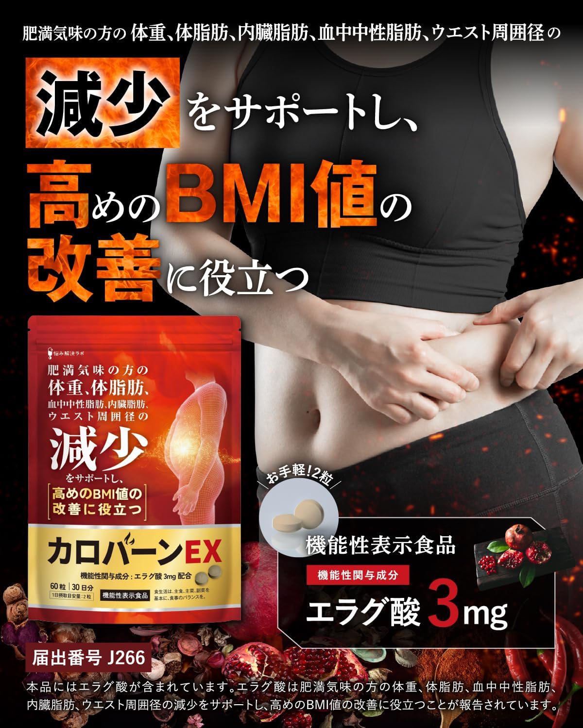 肥満対策サポート食品 カロバーンEX 30日分 αリポ酸配合 体重・体脂肪・ウエスト減少サポート