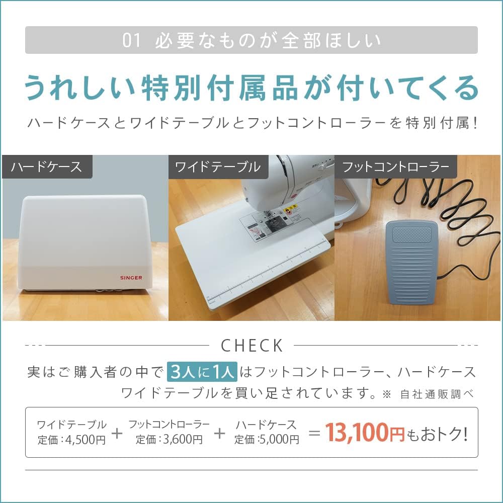 SINGER(シンガー) 自動糸通しコンピュータミシン SN-21 ワイドテーブル・フットコントローラー・ハードケース付き
