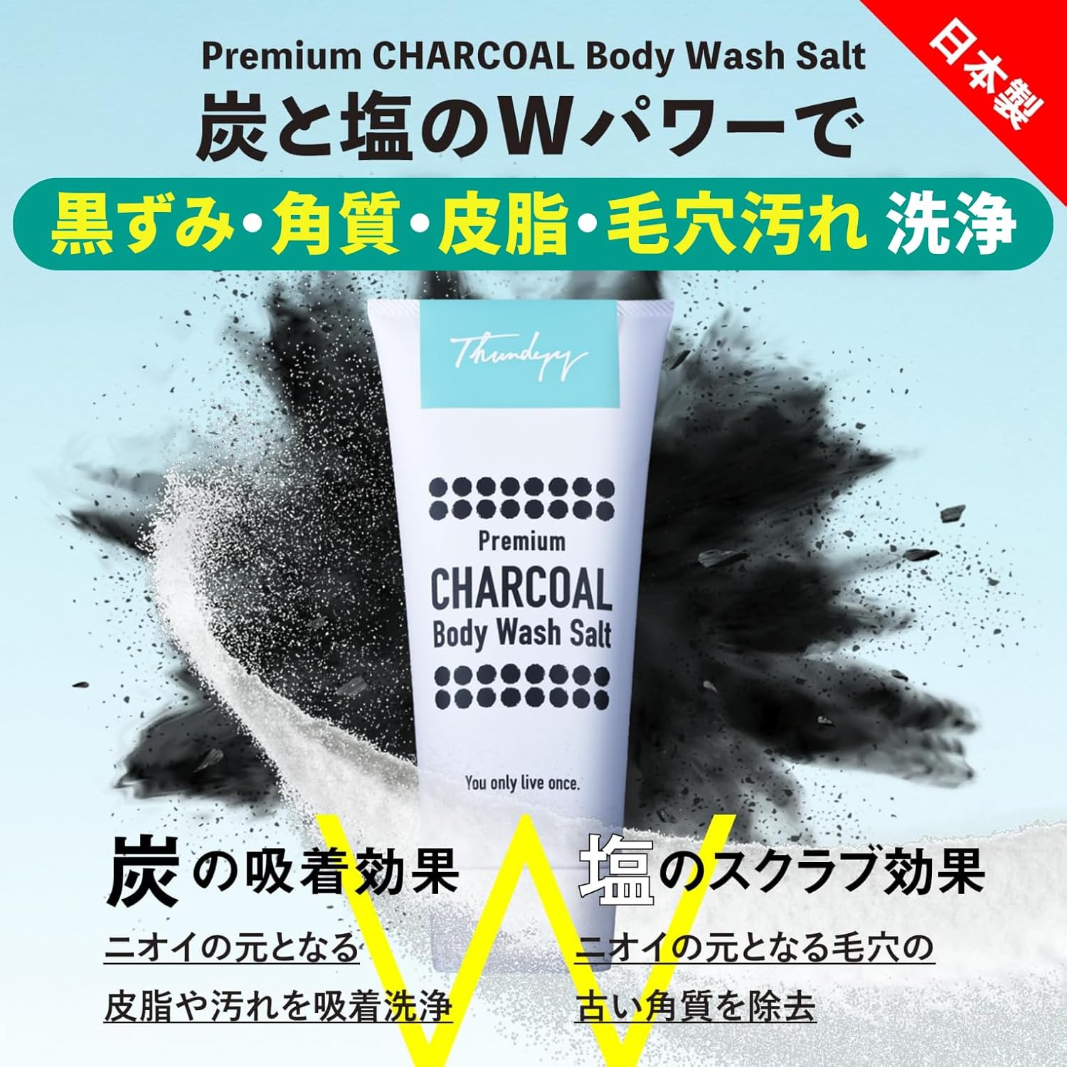 炭・塩配合ボディスクラブ 角質除去・黒ずみ対策 大容量500g メンズ&レディース