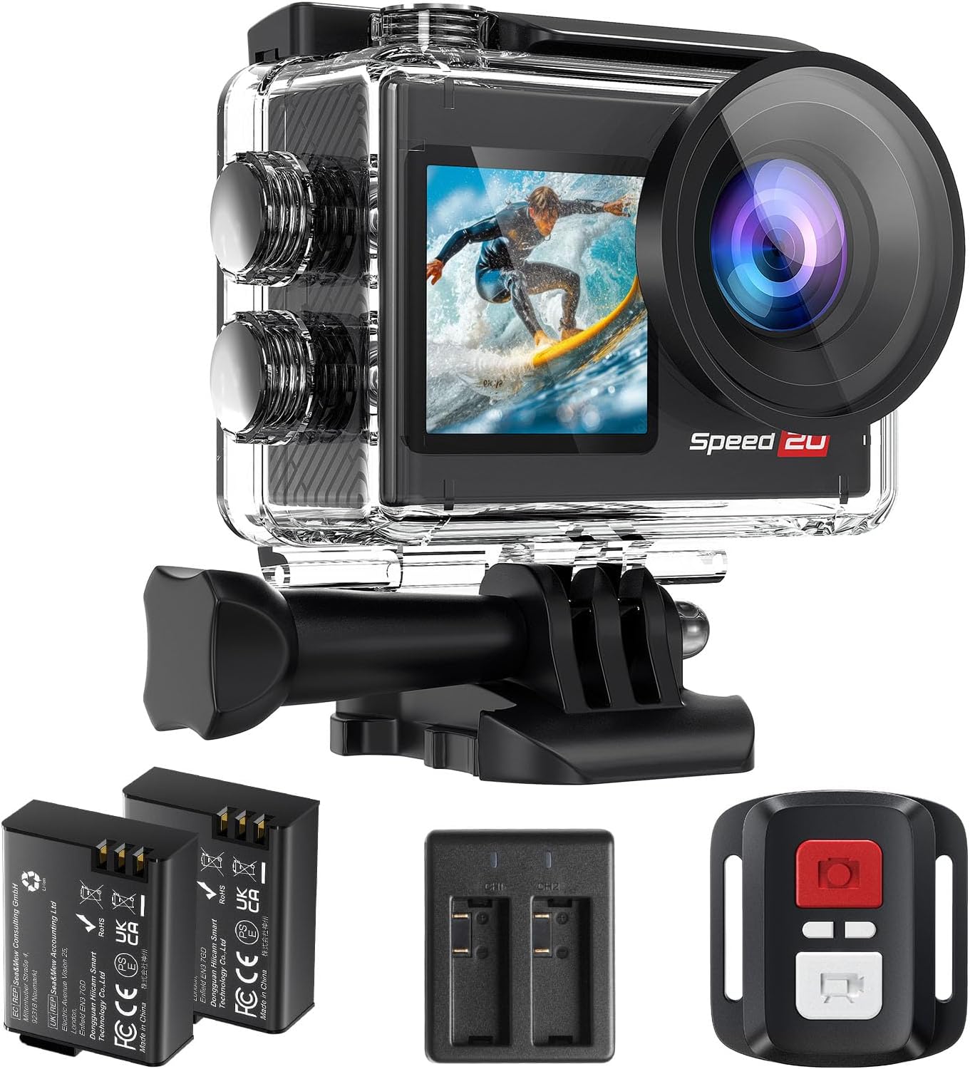 Hiicam Speed20 4Kアクションカメラ タッチパネル式・防水40M・6軸手ぶれ補正・170度広角・リモコン付き・バッテリー2個付き