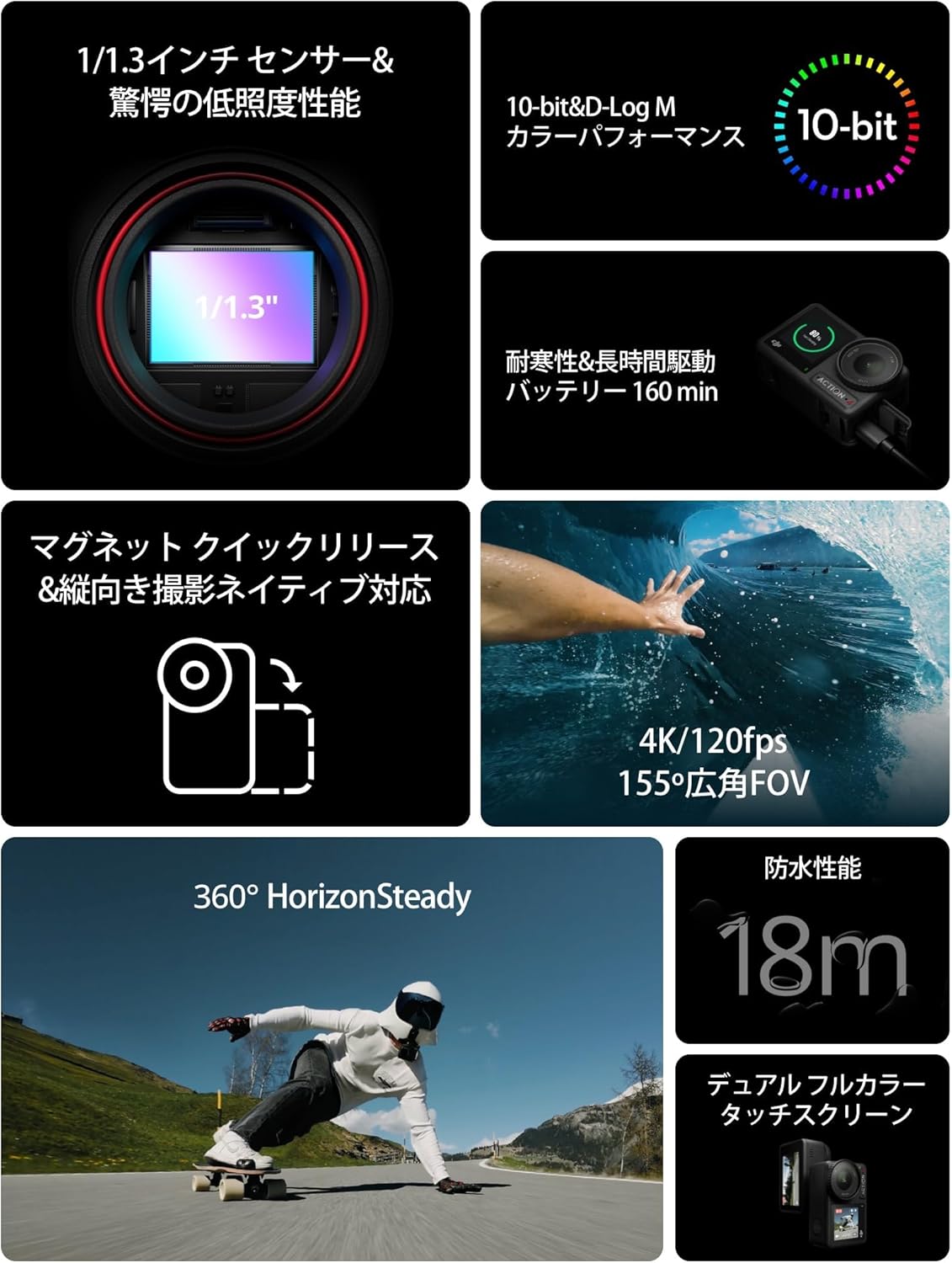 DJI Osmo Action 4 防水4Kアクションカメラ 標準コンボ 低照度性能・10-bitカラー